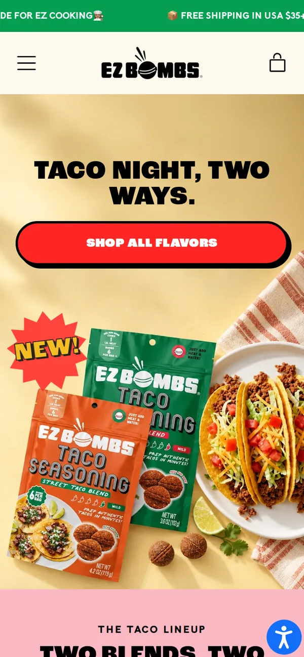The EZ Bombs homepage today: Taco night, two ways, with a Shop all flavors button