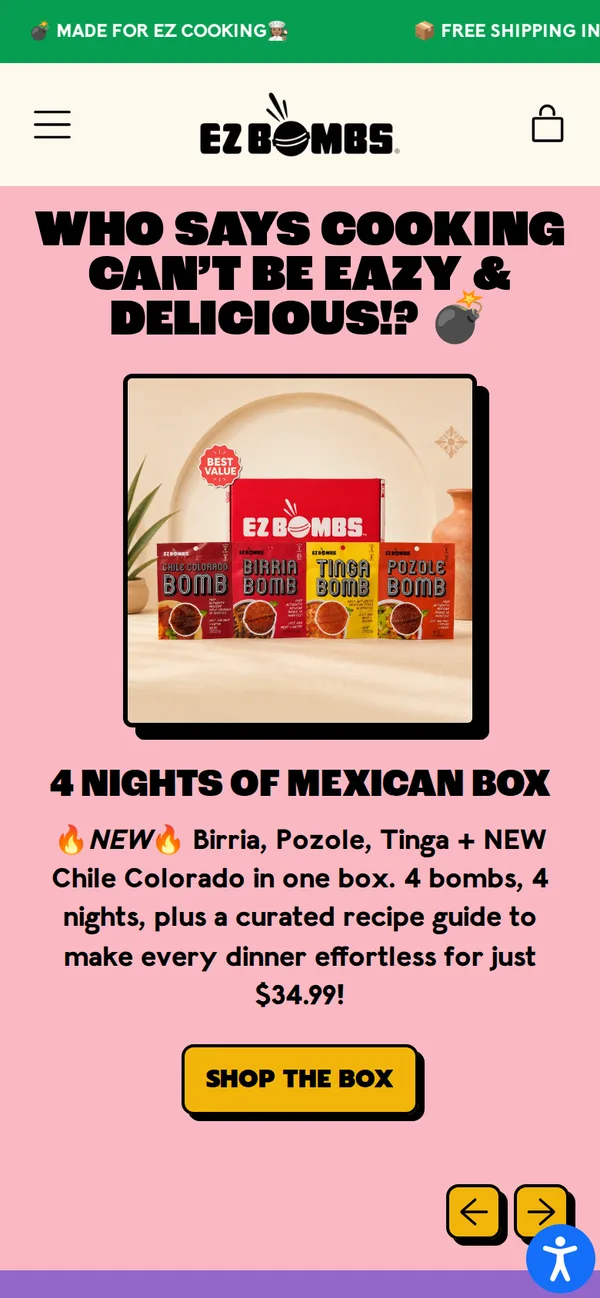 The EZ Bombs homepage before: a slogan over the 4 Nights of Mexican box