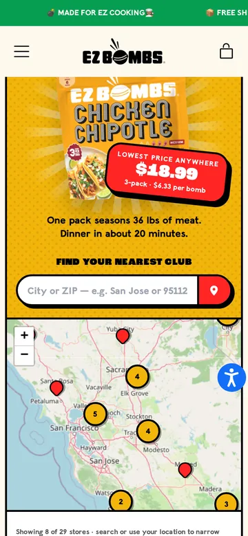 The Chicken Chipotle at Costco page with a search for the nearest club
