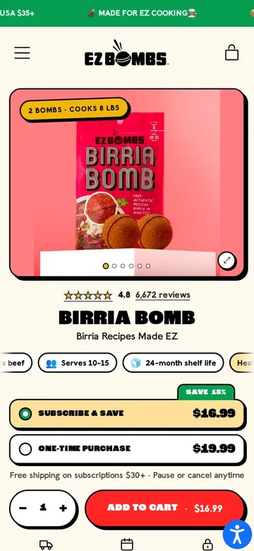 An EZ Bombs product page with subscribe and save